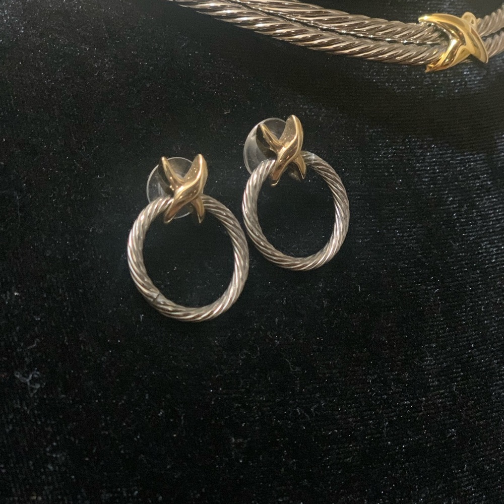 Classic 3 Double X Cable Choker Necklace and Earring Set in Gold & Silver Tones - Picture 2 of 6